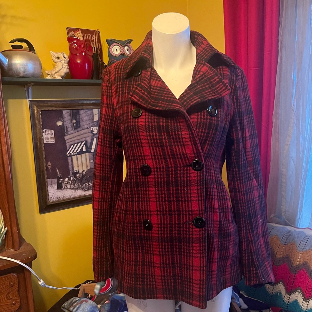 Le Chateau Red and Black Plaid Pea Coat